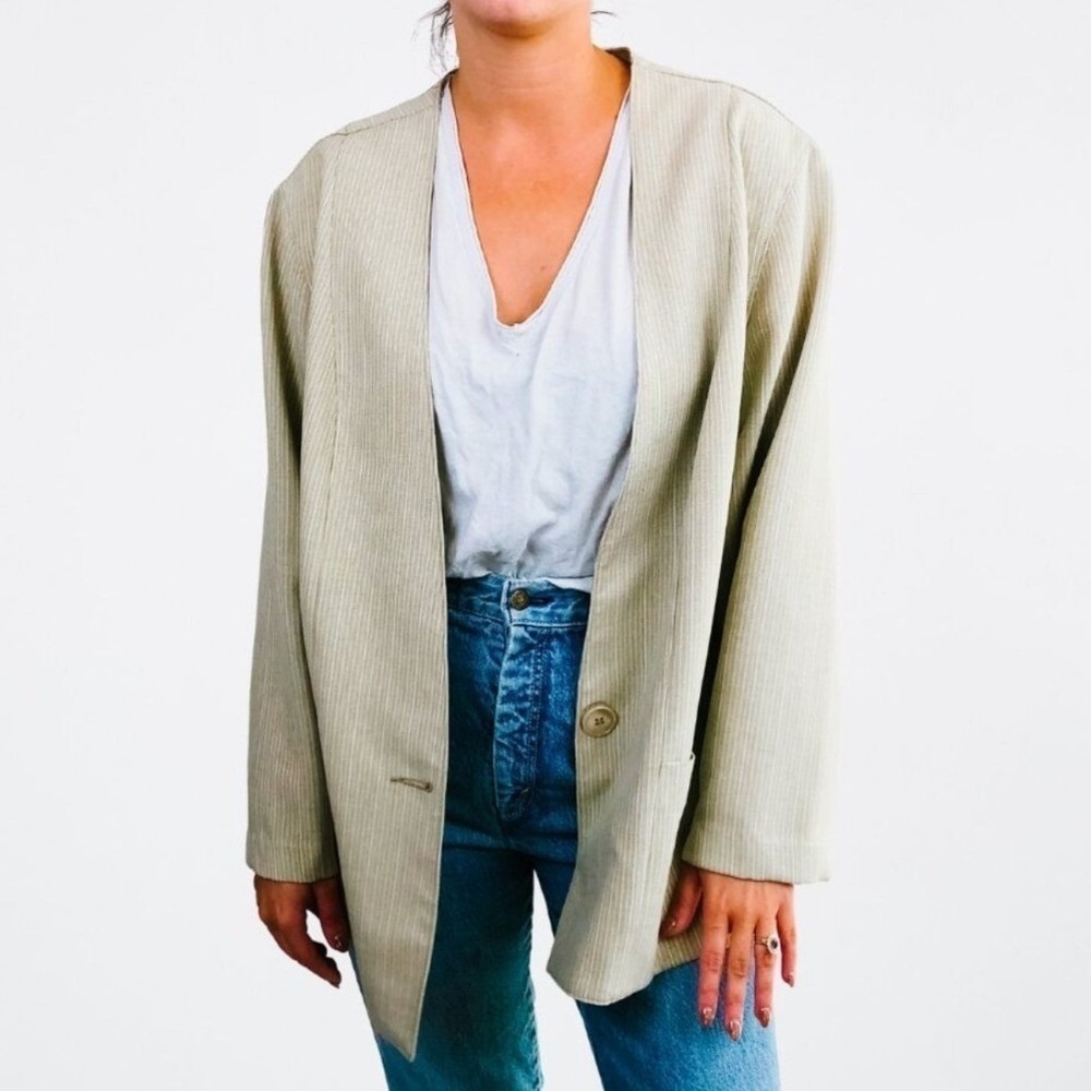 Vintage Bend Over Tan Pinstripe Collarless Blazer Jacket Single Button Neutral